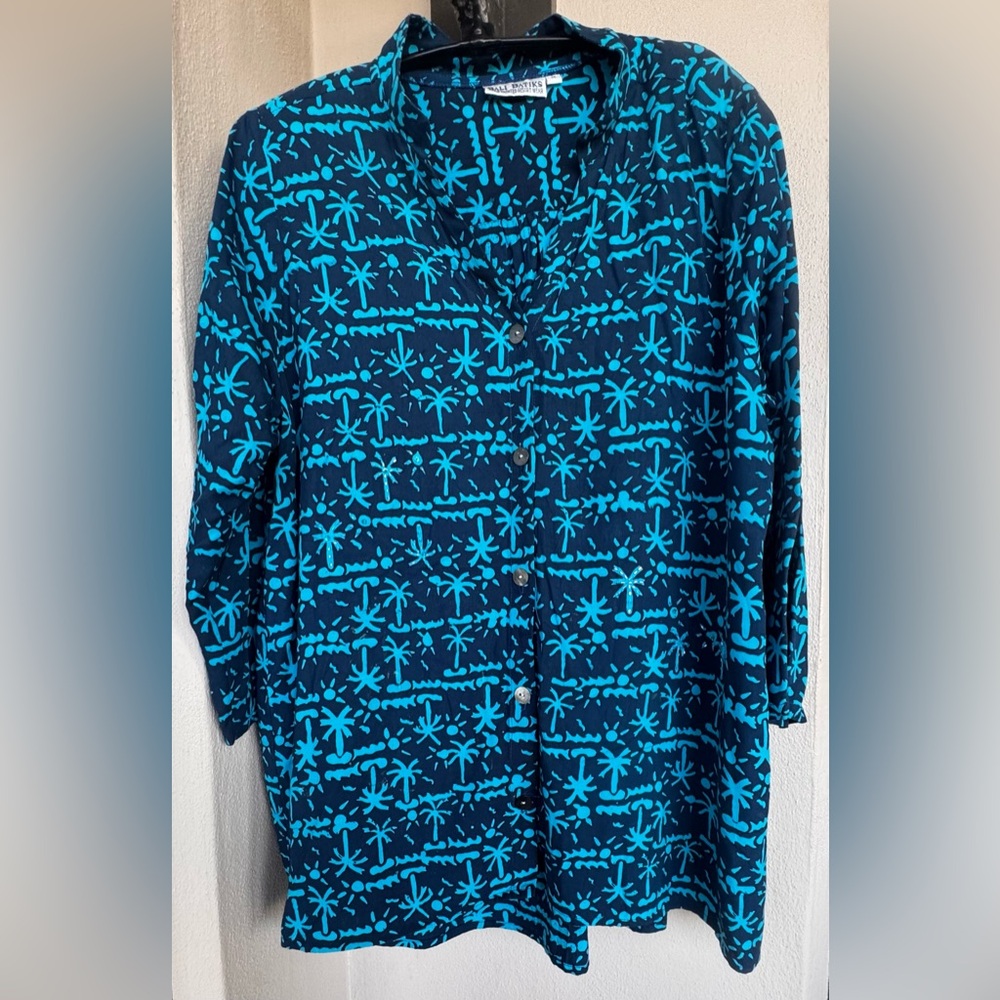 Bali Batiks Hand Painted Resort Wear Womens Tunic 3/4 Sleeve Blues 100% Rayon 1X